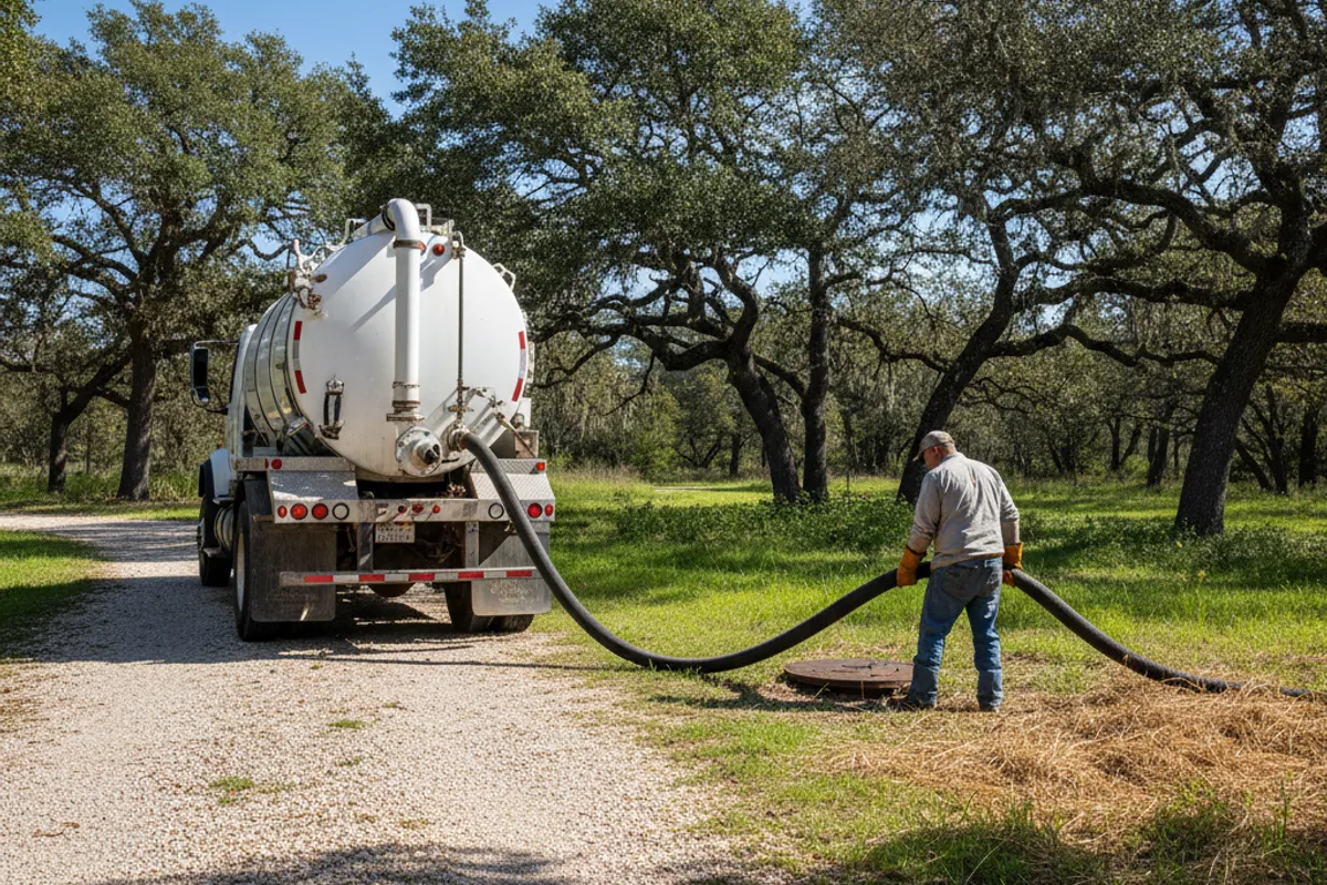 Septic vacuum pump truck on a rural Texas driveway with a suction hose running to an open septic tank lid