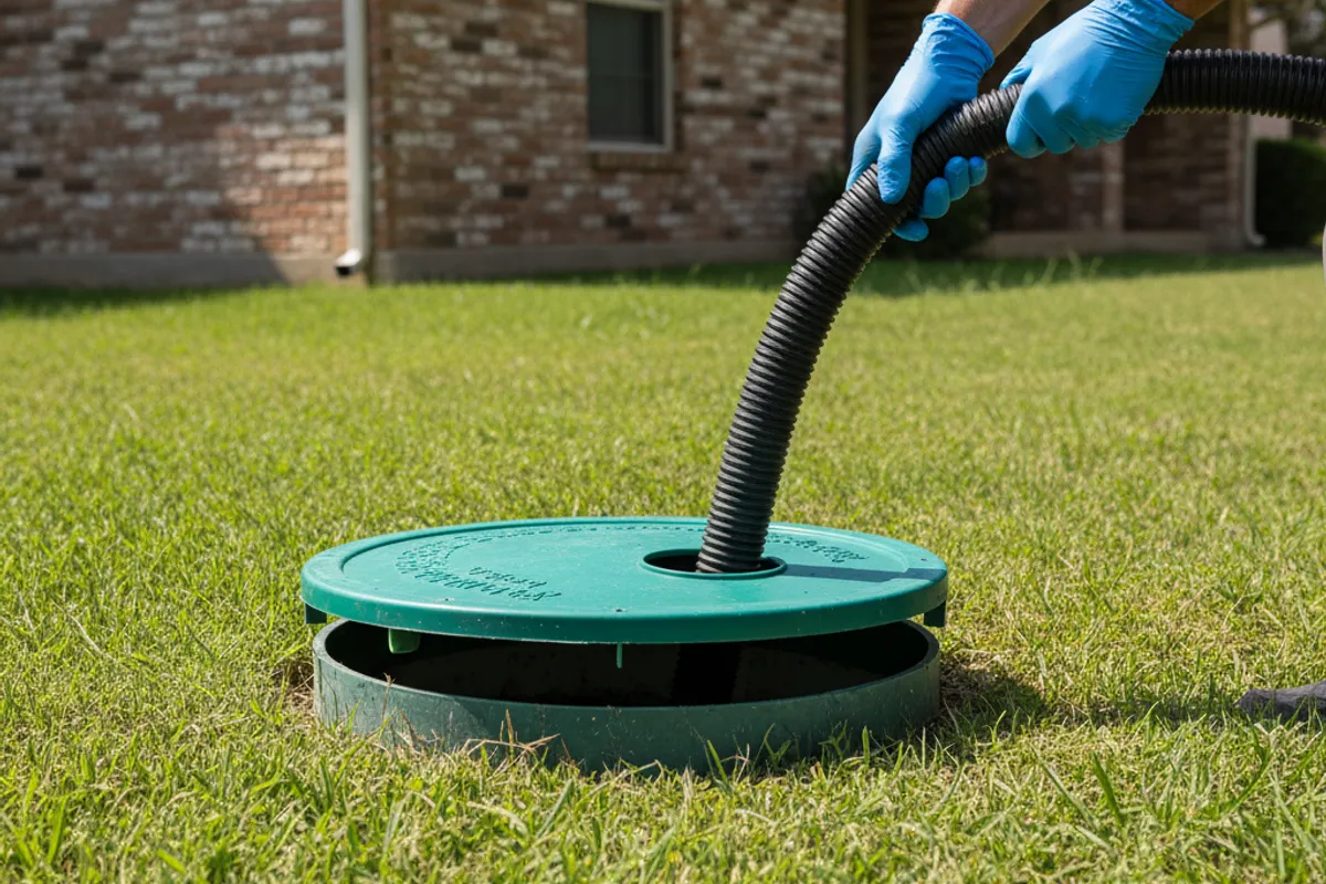 Open green septic tank riser lid in a Texas lawn with a vacuum hose lowered inside