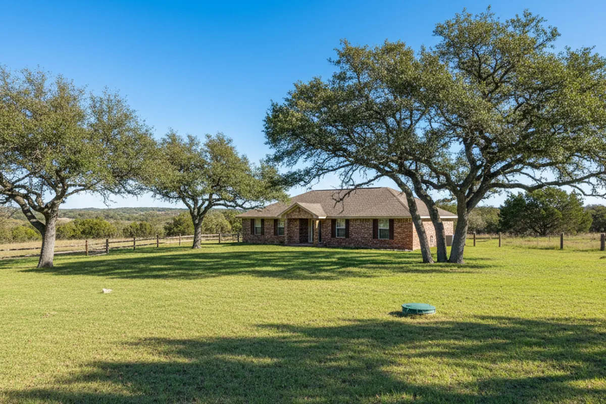 Brick ranch home on a rural Texas Hill Country lot with a septic riser lid in the lawn